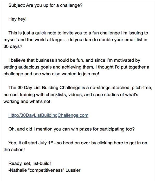 An email inviting list members to join the challenge