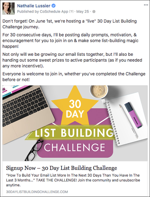 Announcing the 30-day challenge using a Facebook ad