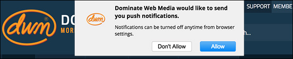 A push notification opt-in request from Dominate Web Media