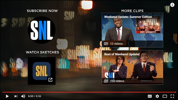 An example of YouTube End Screen on a Saturday Night Live video