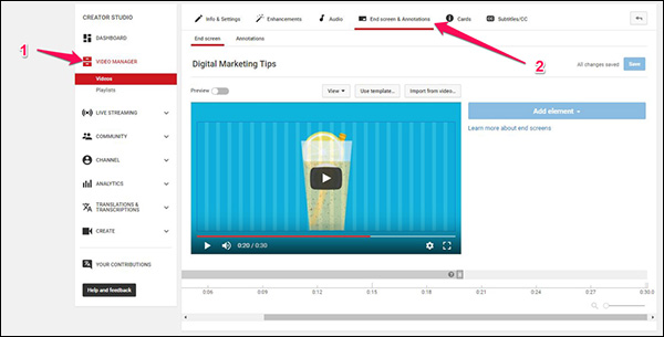 To add an End Screen to a video on YouTube, go to your Creator Studio and click on “Video Manager” on the left. Then click on the video where you want to add an End Screen. And finally, click “End screens & Annotations” along the top.