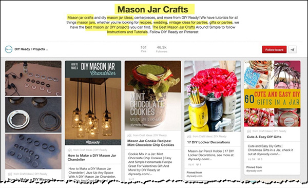 A "Mason Jar Crafts" board optimized for the keyword phrase "mason jar crafts" and related keywords