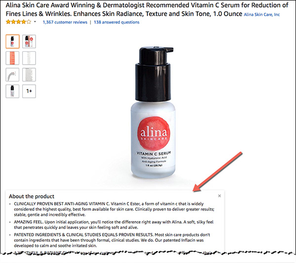 Product page for the skin care serum we showed above: Alina Skin Care
