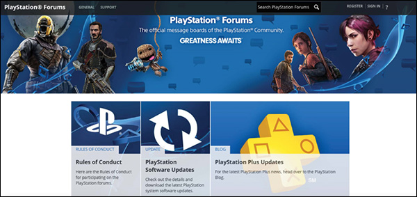 The home page of the PlayStation forum community