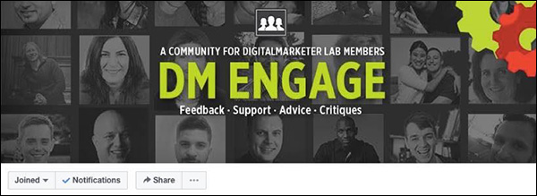 The Facebook cover photo of the DM Engage community