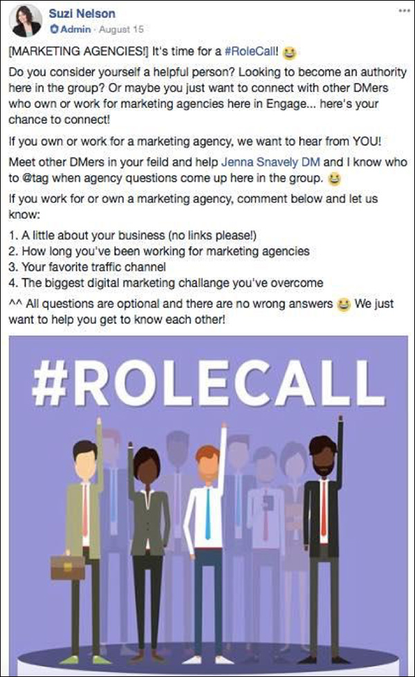 An example of a Admin post from DM Engage that calls out to community members who are experts on marketing agencies 