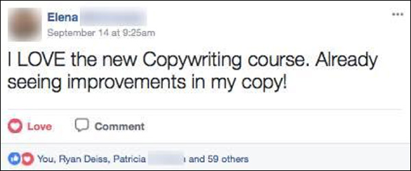 A DM Engage member posting about DigitalMarketer's copywriting certification 