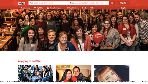 The home page of Yelp Elite