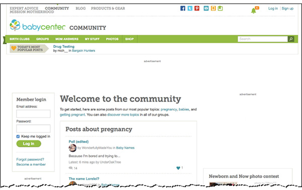 The home page of the BabyCenter community