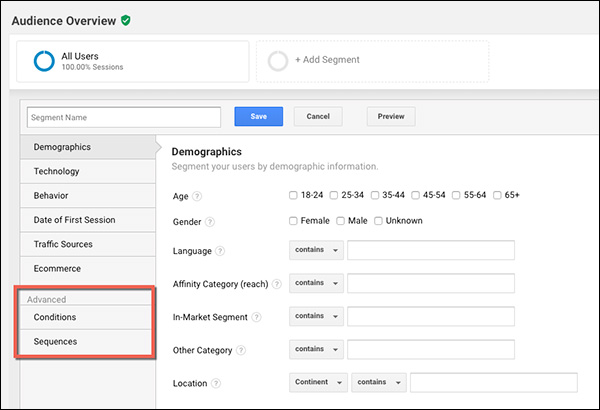 The Advanced filters: Conditions and Sequences in Google Analytics 