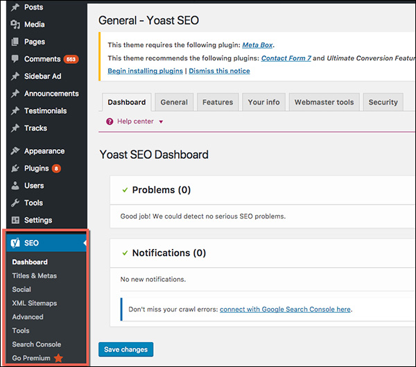 Options available in the Yoast WordPress plug-in