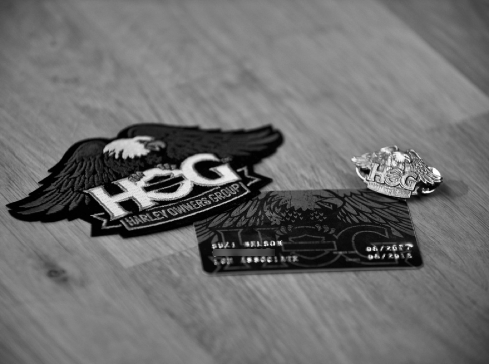 HOG membership card, commemorative badge, and pin