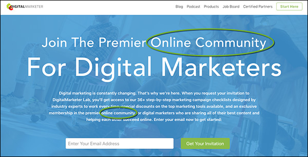 DigitalMarketer homepage that focuses on "community" within the copy