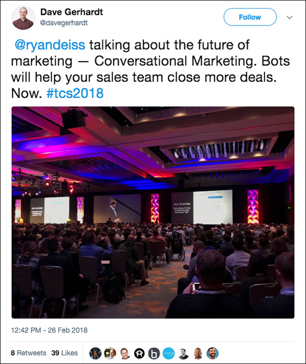 Bots will help your sales team close more deals. Tweet from Traffic & Conversion Summit 2018 attendee