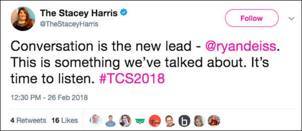 "Conversation is the new lead." Tweet from Traffic & Conversion Summit 2018 attendee
