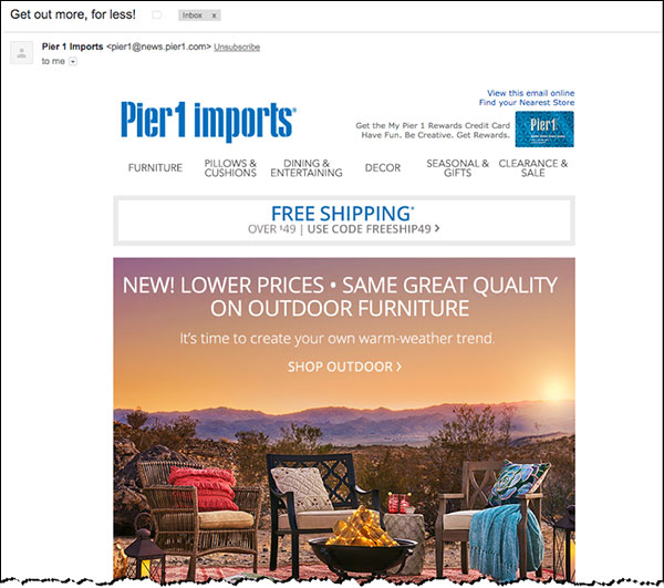 An example of a broadcast email announcing a Pier 1 promotion