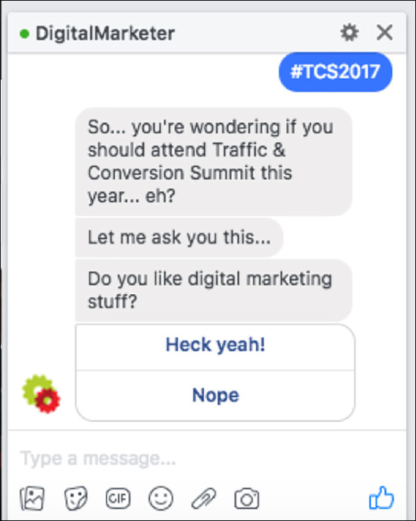 DigitalMarketer using Facebook Messenger to help people see if they'd be interested in attending Traffic & Conversion Summit