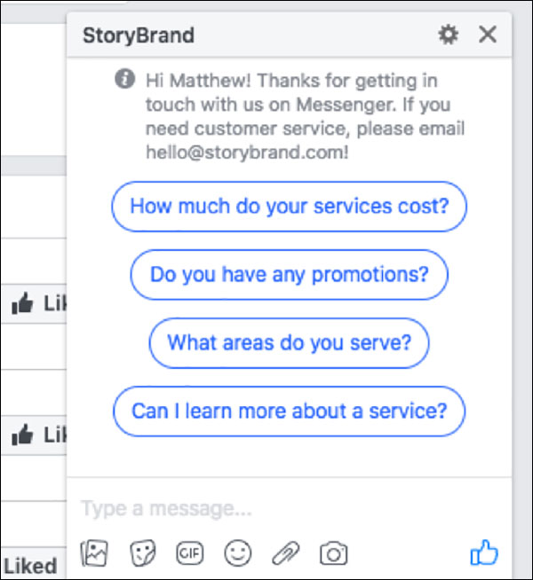 StoryBrand using Facebook Messenger to help answer customer service questions