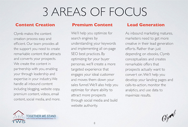 3 areas of focus for Clymb: content creation, premium content, and lead generation with their descriptions