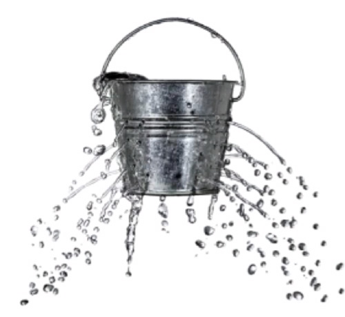 A bucket leaking water from multiple holes