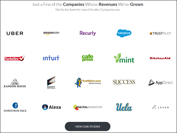 spread of company logos with button at bottom that says "view case studies"