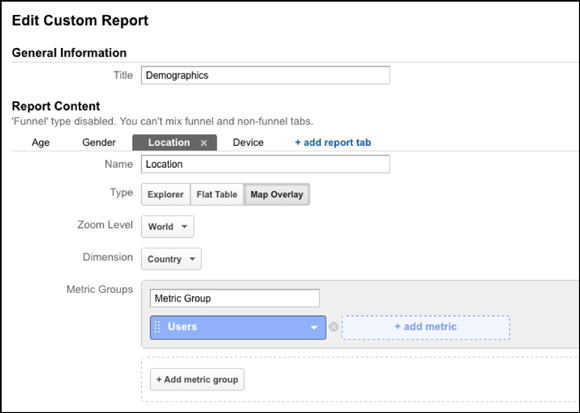 Setting the metric for location in Google Analytics