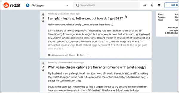Reddit results for vegan questions