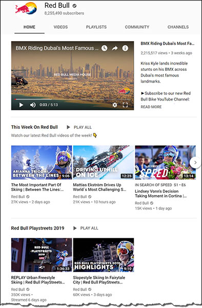 Screen shot of Red Bull YouTube Social posts 