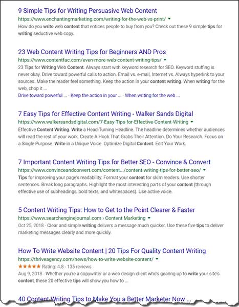 Search for content writing tips that shows top results