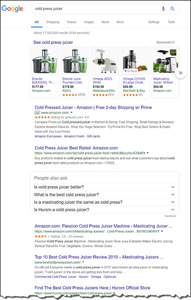 digital marketing example of google search for juicer