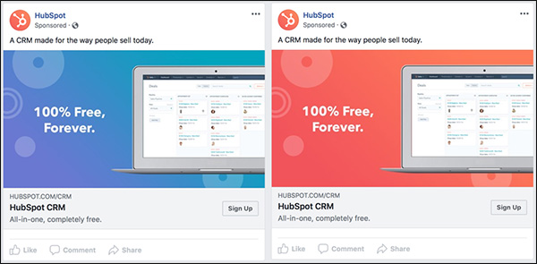 Two versions of an example Facebook ad from Hubspot