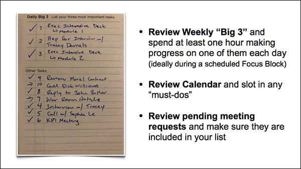 Review your weekly items like Big 3 and meetings