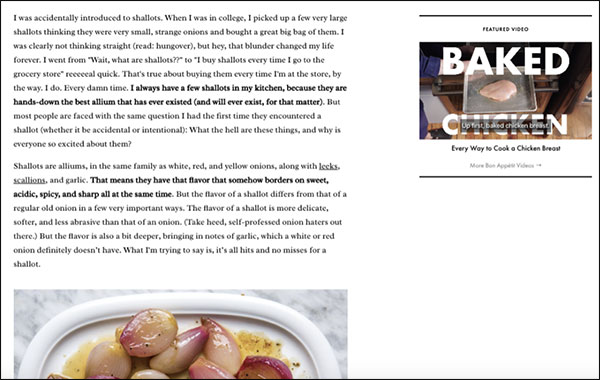 Example of a brand voice in Bon Appétit's article on shallots