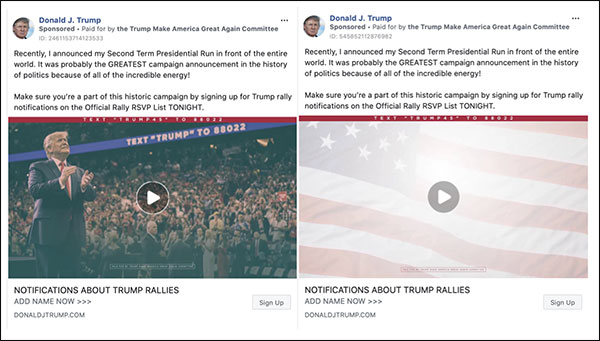 2 Examples of Trump Rally Facebook ads with varying videos