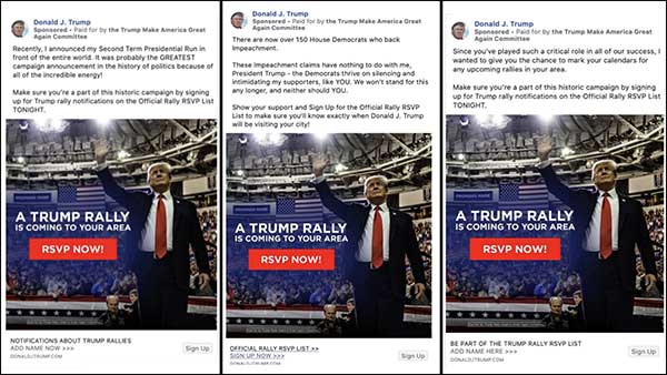 The 3 different ad copies in the same Trump Rally campaign
