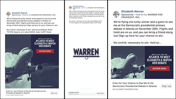 3 Examples of Warren's Facebook ad campaign to come to the Atlanta debate