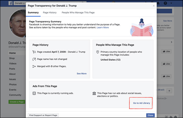 The Page Transparency pop-up on Facebook