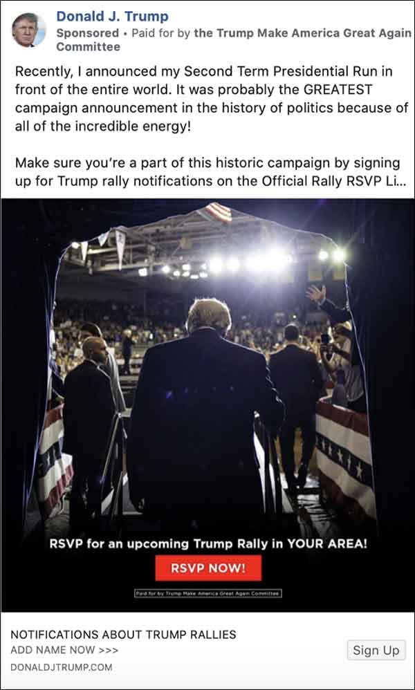 Trump Facebook ad to sign up for Trump rally notifications