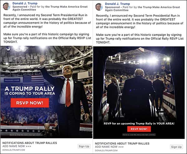 2 Examples of Trump Rally Facebook ads with varying photo visuals