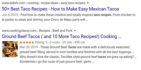 Two examples of search results for taco recipes one with an image and one without
