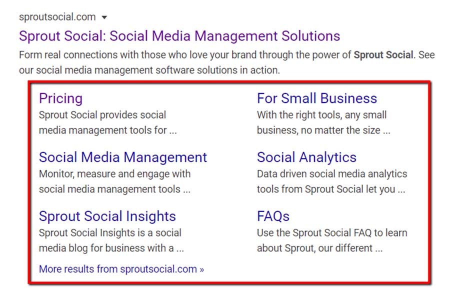 Sprout Social's search results navigation menu (Pricing, Social Media Management, etc.)